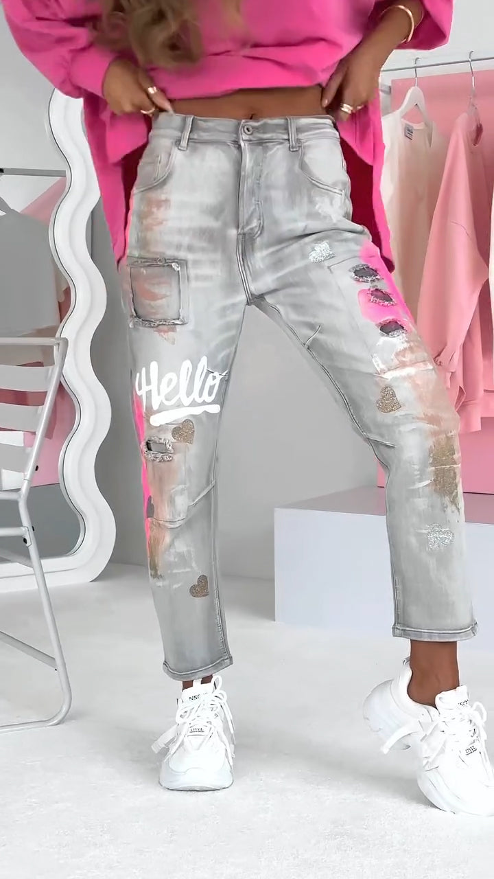 Alina™ Trendy damesjeans met graffiti-print