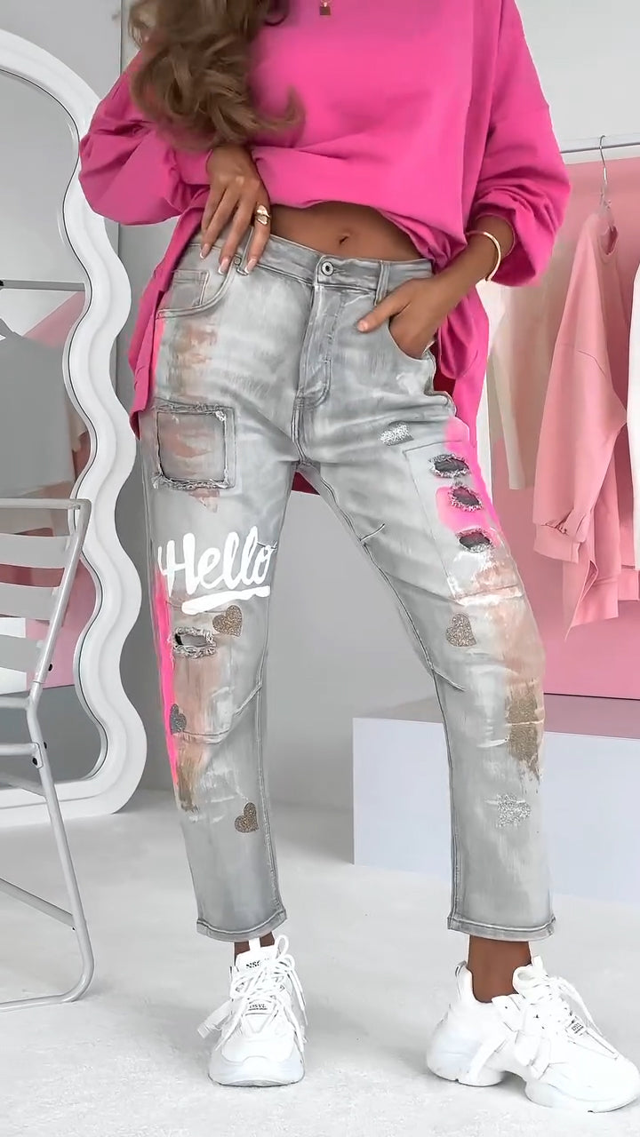 Alina™ Trendy damesjeans met graffiti-print