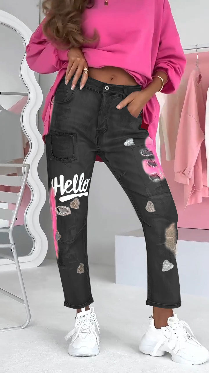 Alina™ Trendy damesjeans met graffiti-print