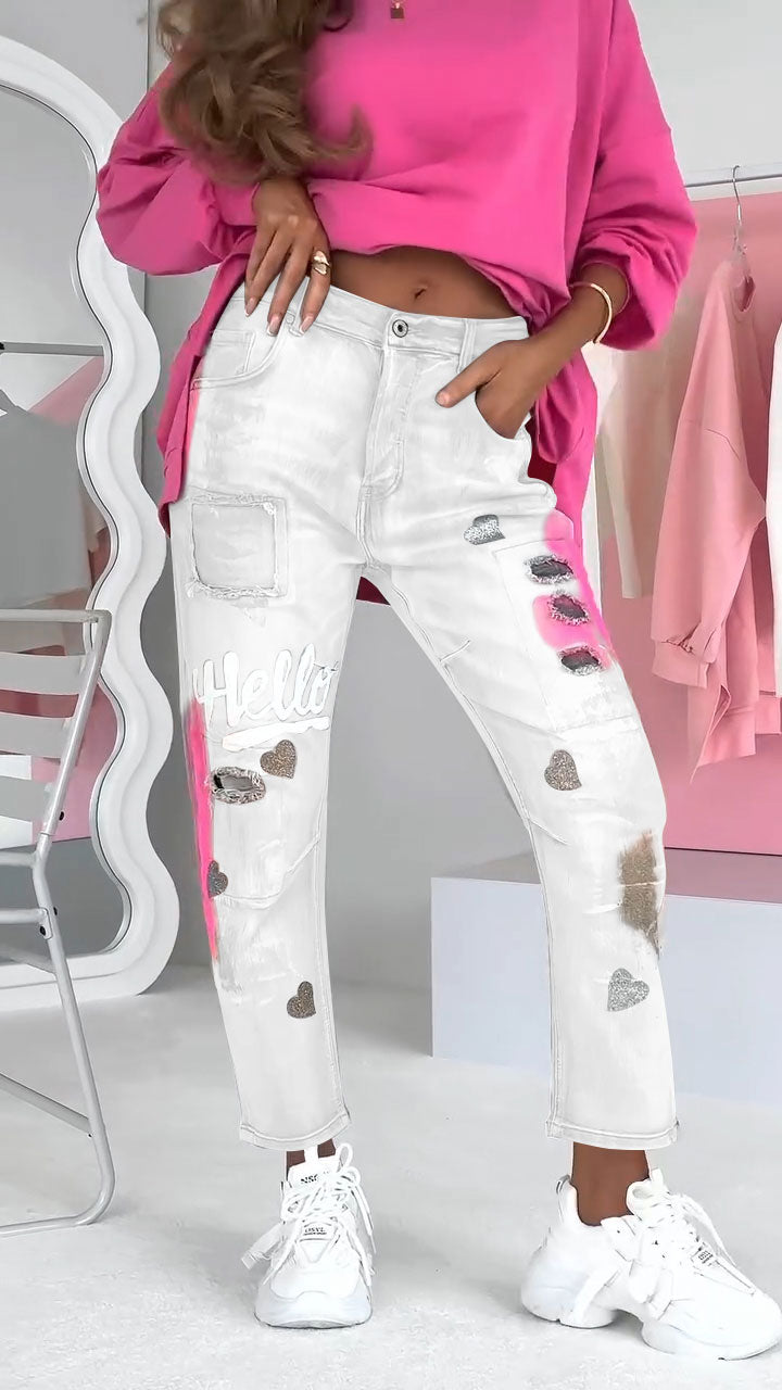 Alina™ Trendy damesjeans met graffiti-print