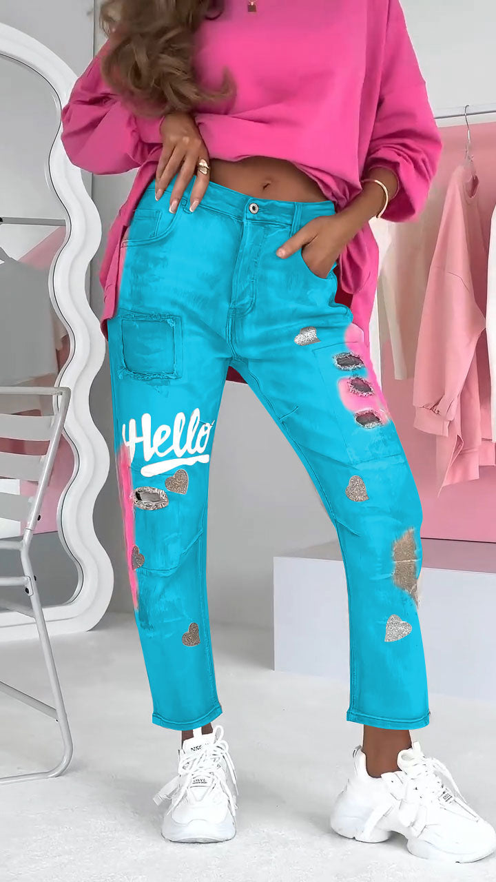 Alina™ Trendy damesjeans met graffiti-print